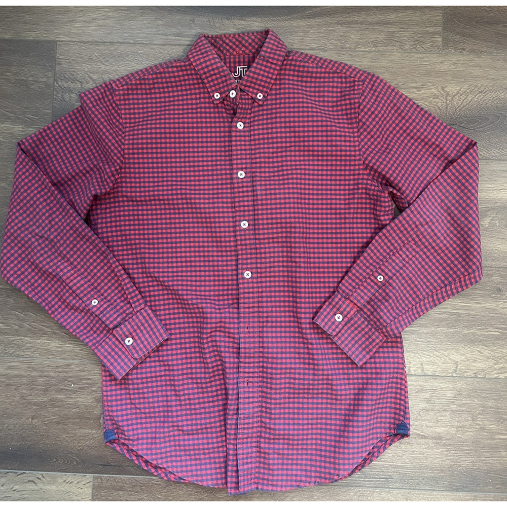JT Jack Threads Shirt Small Mens Plaid Red White Blue Button Down Long Sleeve